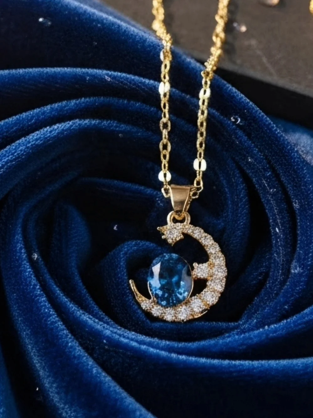 Gold Tone Alloy Material - Moon & Blue Galaxy Pendant Necklace - Women Jewelry